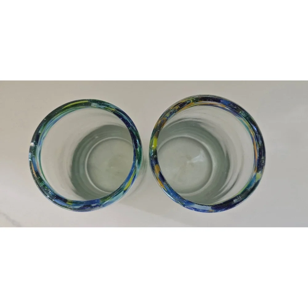 Mexican Hand Blown‎ Highball Glasses Confetti Swirl Rim Recycled Glass Set of 2